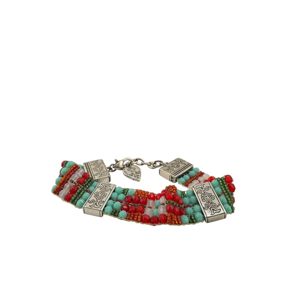 Tribal Style Red and Turquoise Glass Bead Silvertone Spacer Bracelet